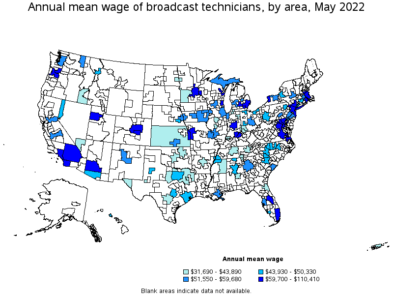 Map of annual mean wages of broadcast technicians by area, May 2022