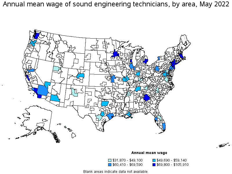 Map of annual mean wages of sound engineering technicians by area, May 2022