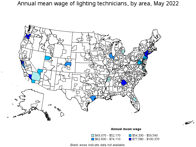 Map of annual mean wages of lighting technicians by area, May 2022