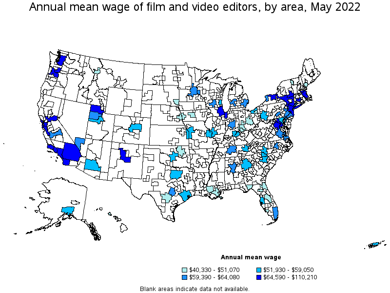 Map of annual mean wages of film and video editors by area, May 2022