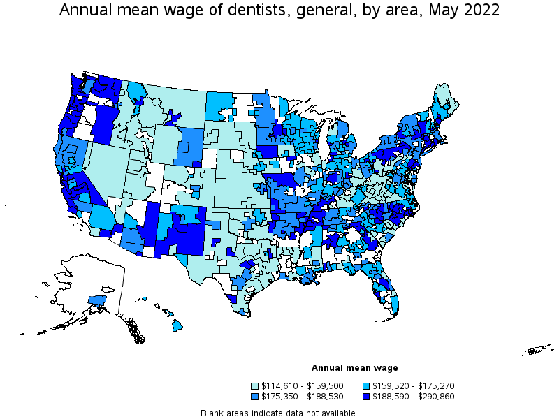 Map of annual mean wages of dentists, general by area, May 2022