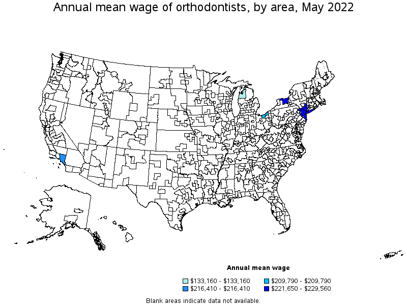 Map of annual mean wages of orthodontists by area, May 2022