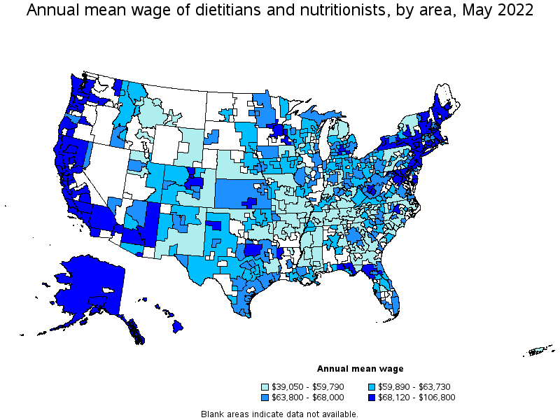 Map of annual mean wages of dietitians and nutritionists by area, May 2022