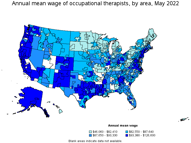 Map of annual mean wages of occupational therapists by area, May 2022