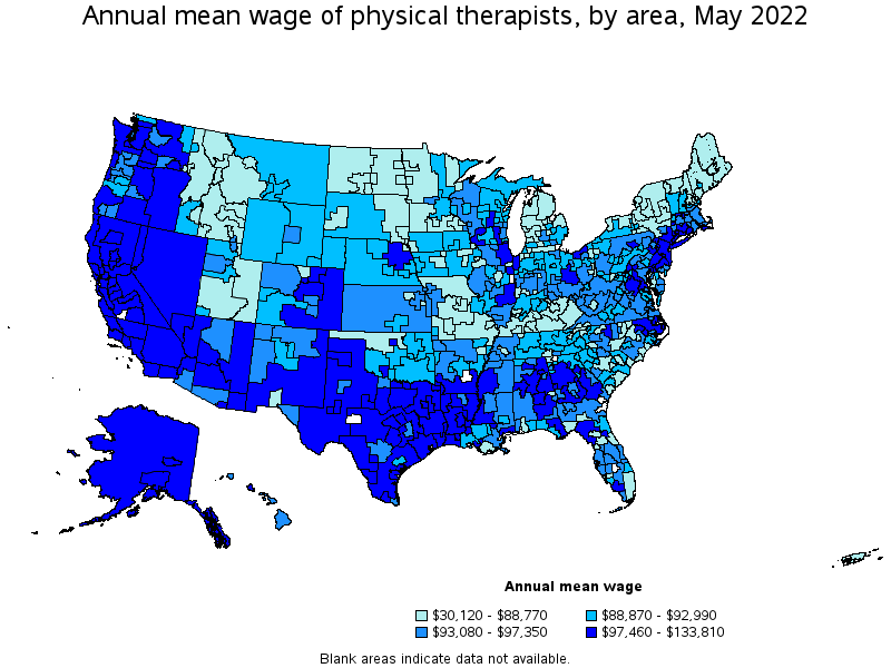 Map of annual mean wages of physical therapists by area, May 2022