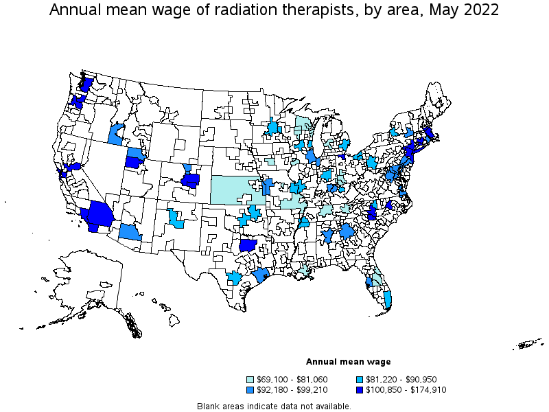Map of annual mean wages of radiation therapists by area, May 2022