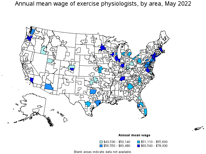 Map of annual mean wages of exercise physiologists by area, May 2022