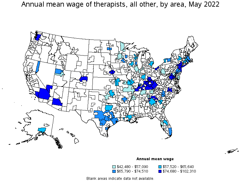 Map of annual mean wages of therapists, all other by area, May 2022