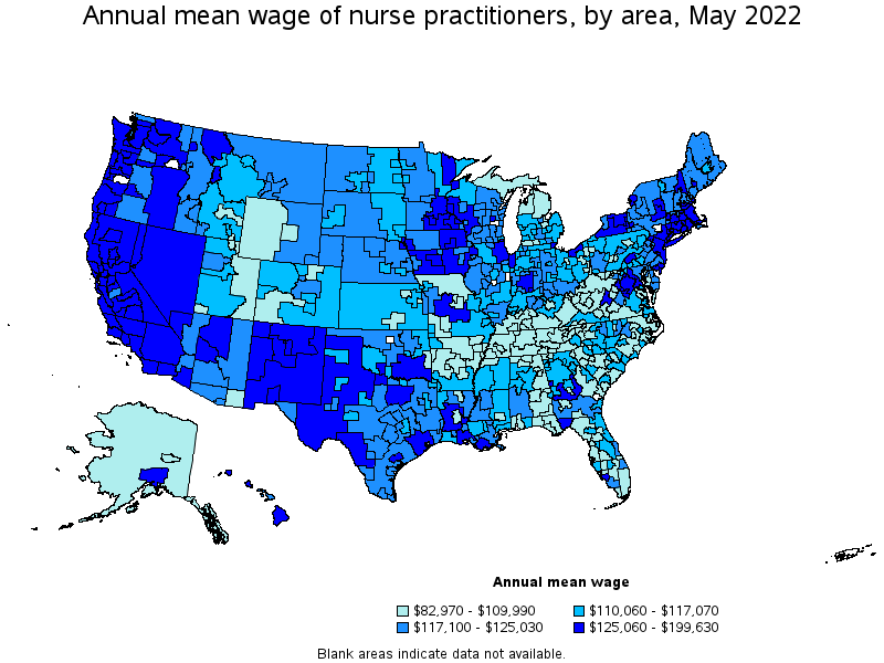 Map of annual mean wages of nurse practitioners by area, May 2022
