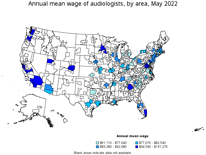 Map of annual mean wages of audiologists by area, May 2022