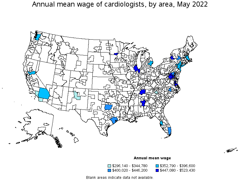Map of annual mean wages of cardiologists by area, May 2022