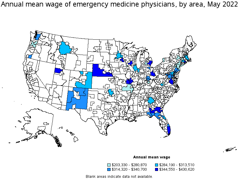 Map of annual mean wages of emergency medicine physicians by area, May 2022