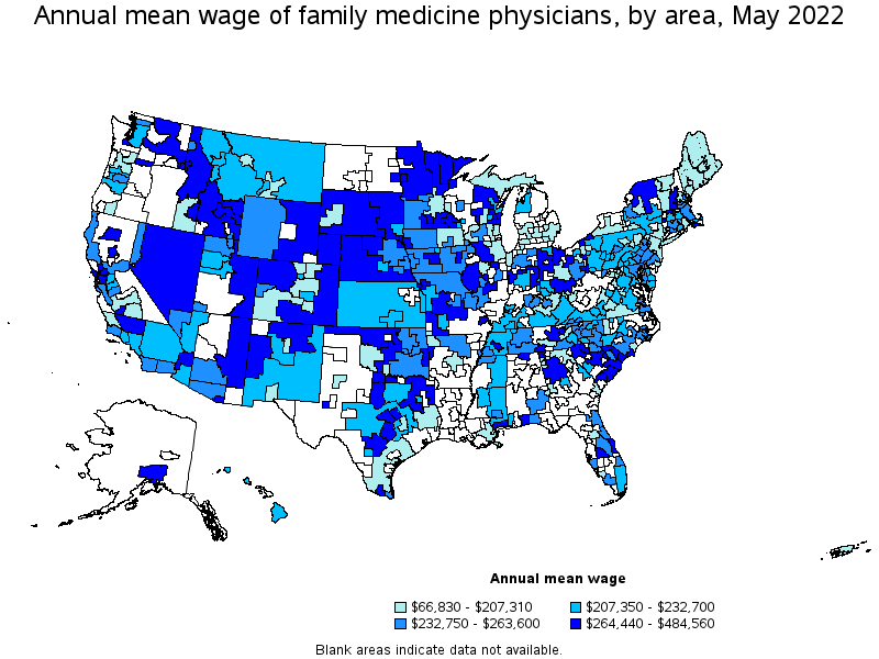 Map of annual mean wages of family medicine physicians by area, May 2022