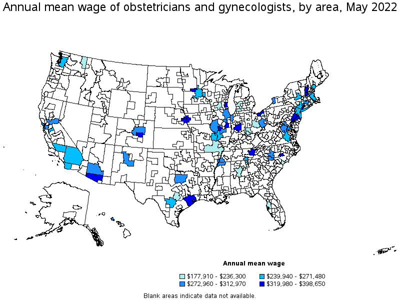 Map of annual mean wages of obstetricians and gynecologists by area, May 2022