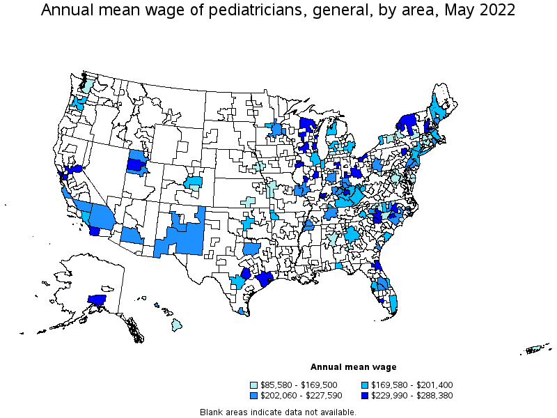 Map of annual mean wages of pediatricians, general by area, May 2022