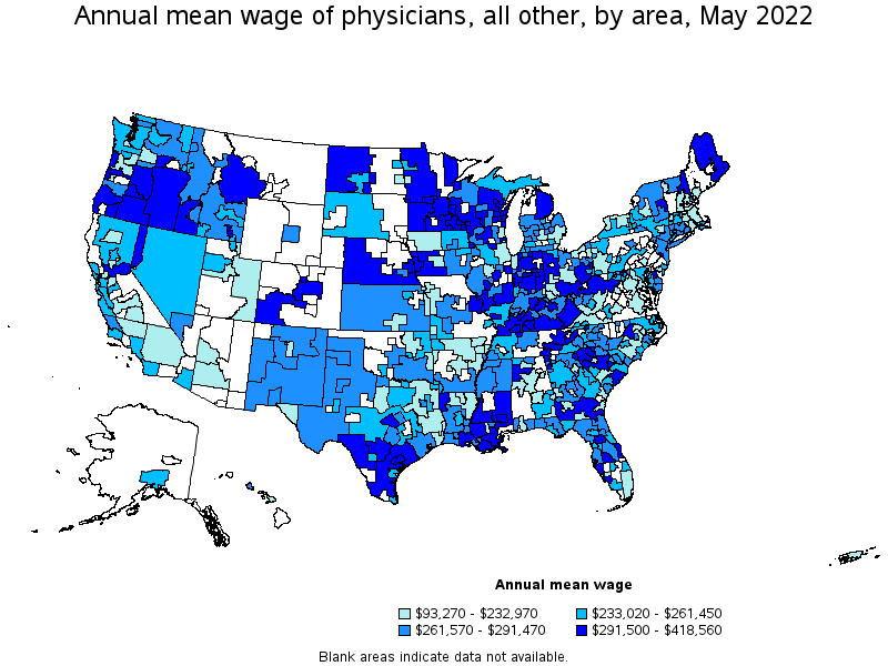 Map of annual mean wages of physicians, all other by area, May 2022