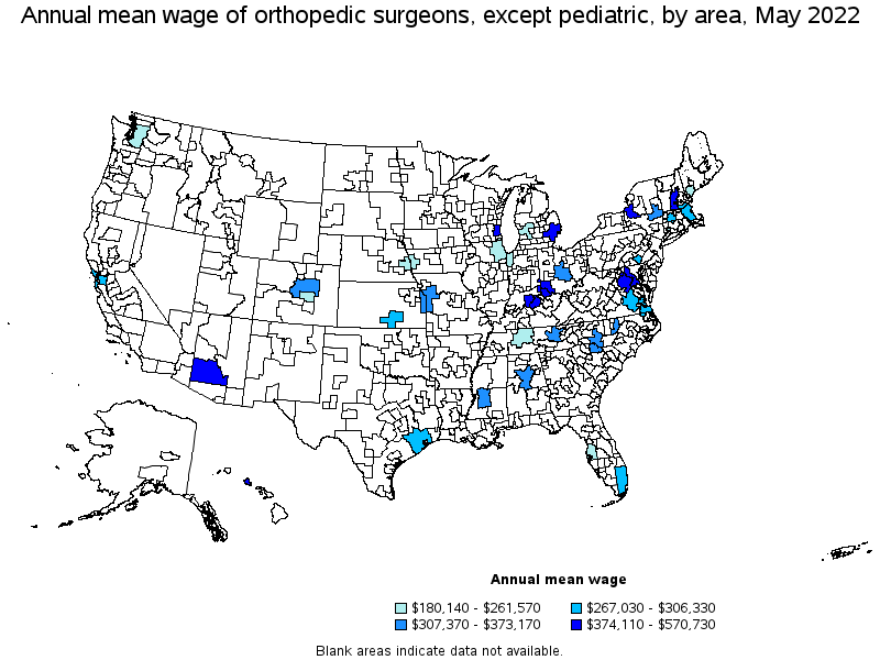 Map of annual mean wages of orthopedic surgeons, except pediatric by area, May 2022