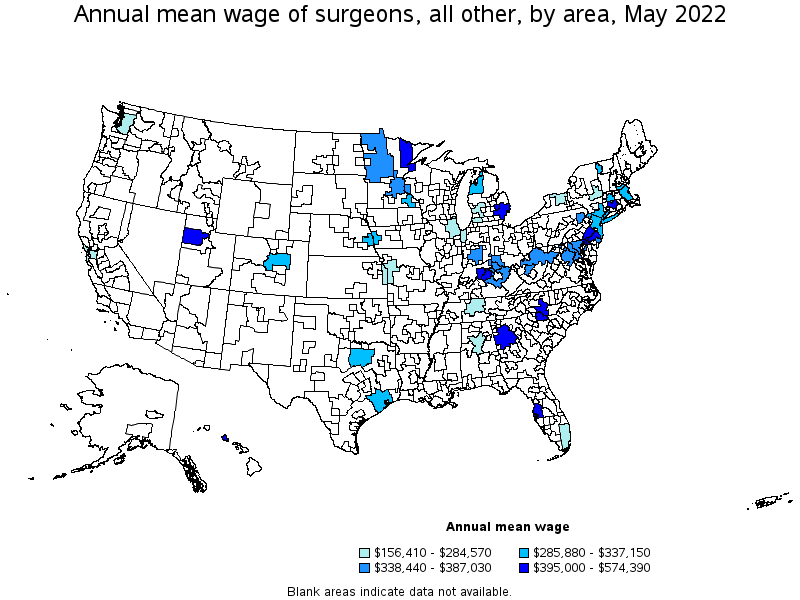 Map of annual mean wages of surgeons, all other by area, May 2022