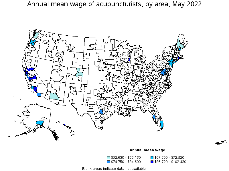 Map of annual mean wages of acupuncturists by area, May 2022