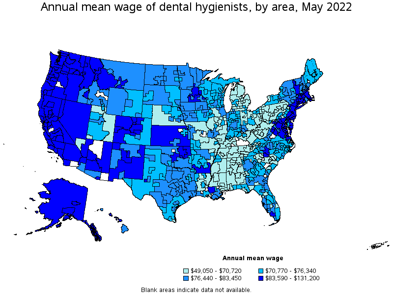 Map of annual mean wages of dental hygienists by area, May 2022