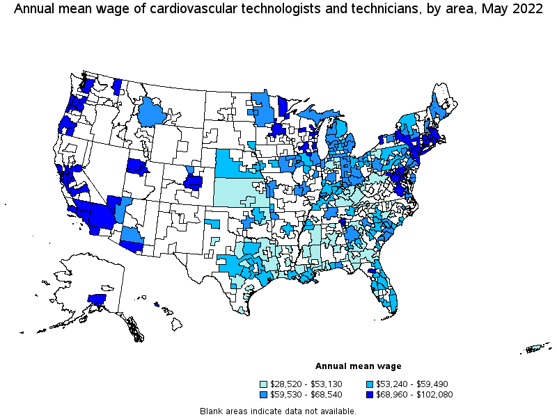 Map of annual mean wages of cardiovascular technologists and technicians by area, May 2022