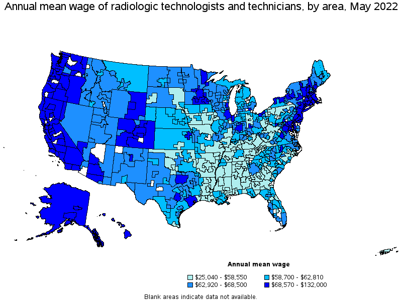 Map of annual mean wages of radiologic technologists and technicians by area, May 2022