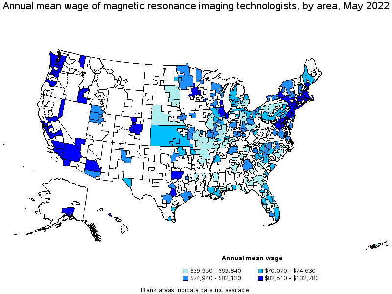 Map of annual mean wages of magnetic resonance imaging technologists by area, May 2022