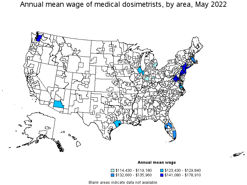 Map of annual mean wages of medical dosimetrists by area, May 2022