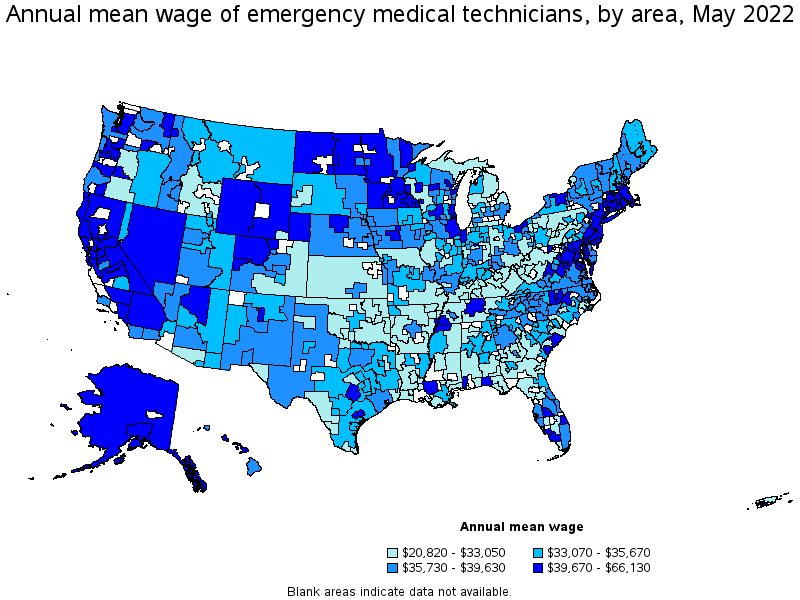 Map of annual mean wages of emergency medical technicians by area, May 2022