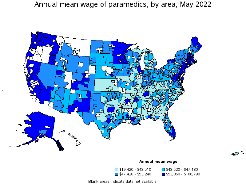 Map of annual mean wages of paramedics by area, May 2022