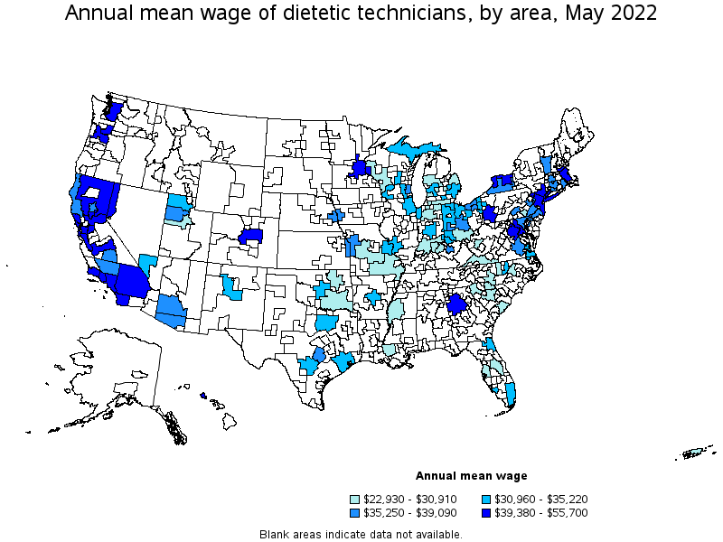 Map of annual mean wages of dietetic technicians by area, May 2022