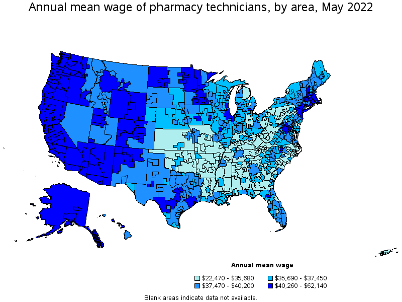Map of annual mean wages of pharmacy technicians by area, May 2022
