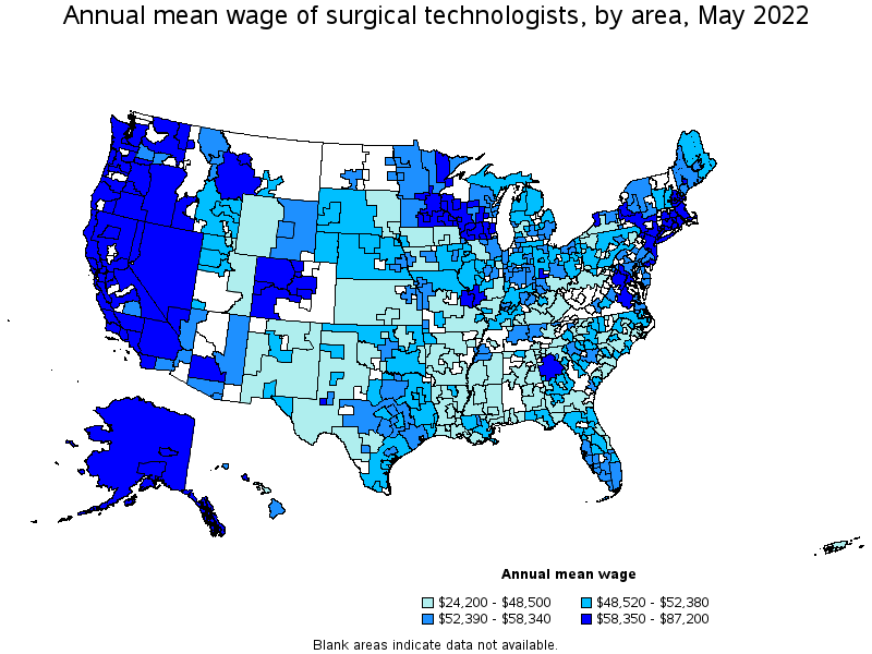 Map of annual mean wages of surgical technologists by area, May 2022