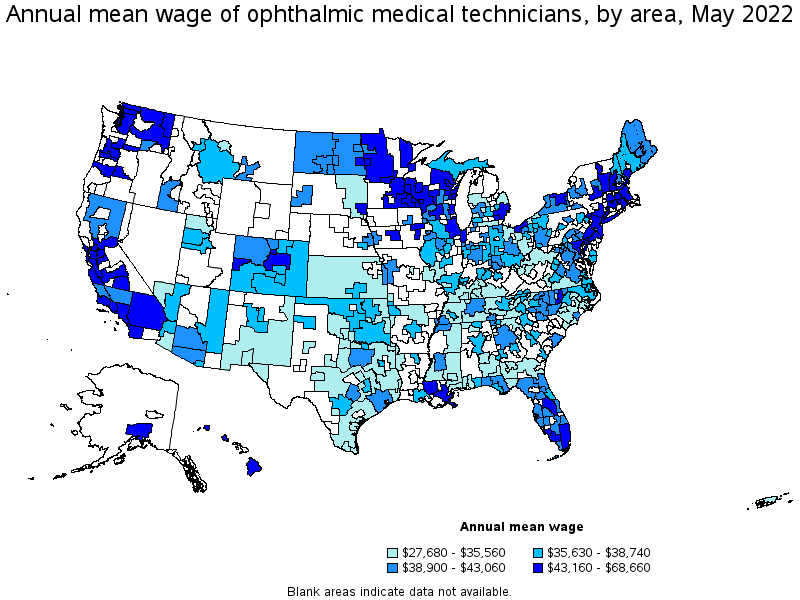 Map of annual mean wages of ophthalmic medical technicians by area, May 2022