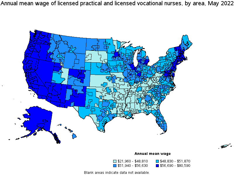 Map of annual mean wages of licensed practical and licensed vocational nurses by area, May 2022