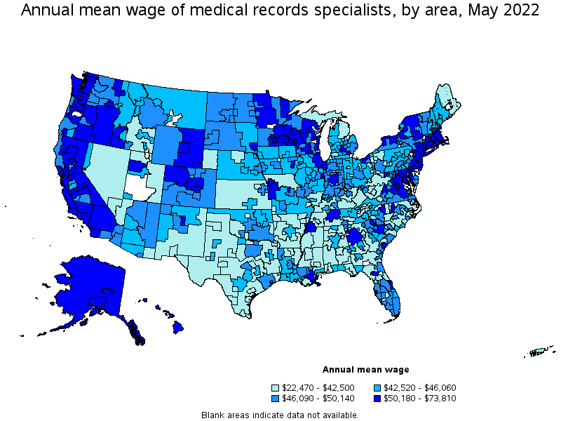 Map of annual mean wages of medical records specialists by area, May 2022