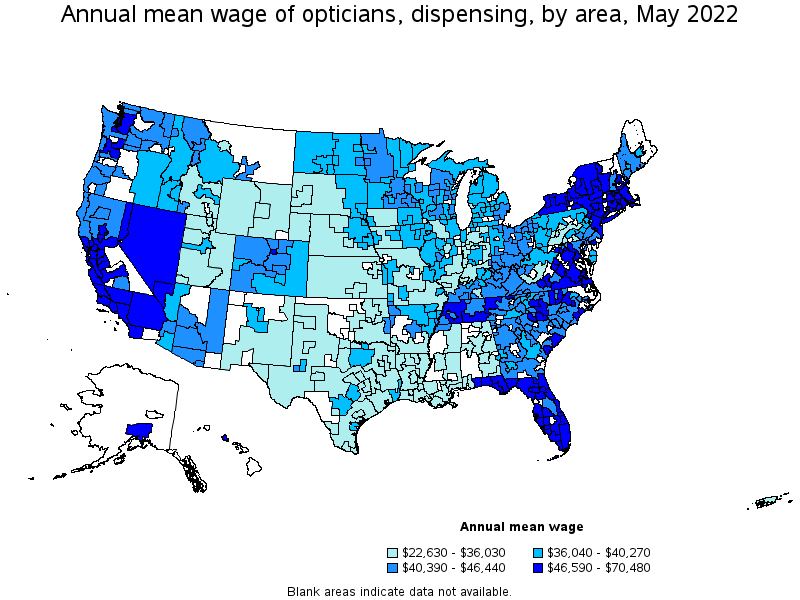 Map of annual mean wages of opticians, dispensing by area, May 2022