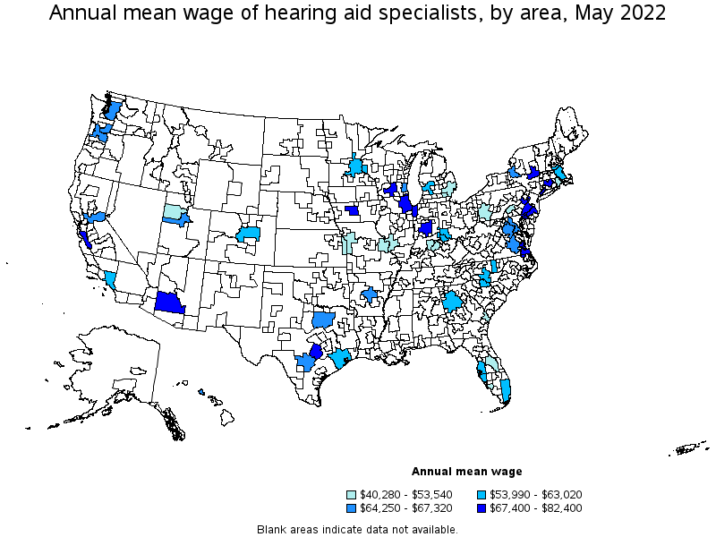 Map of annual mean wages of hearing aid specialists by area, May 2022
