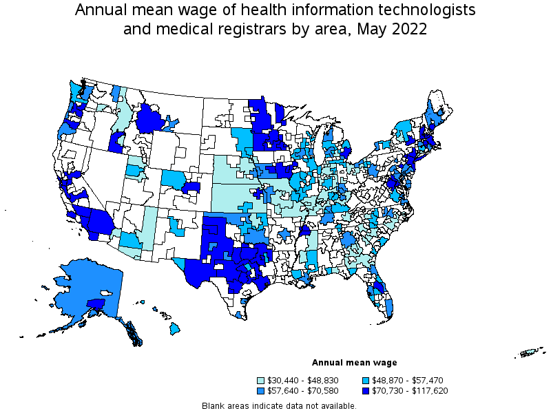 Map of annual mean wages of health information technologists and medical registrars by area, May 2022