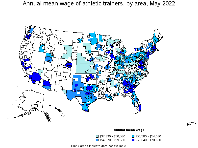 Map of annual mean wages of athletic trainers by area, May 2022