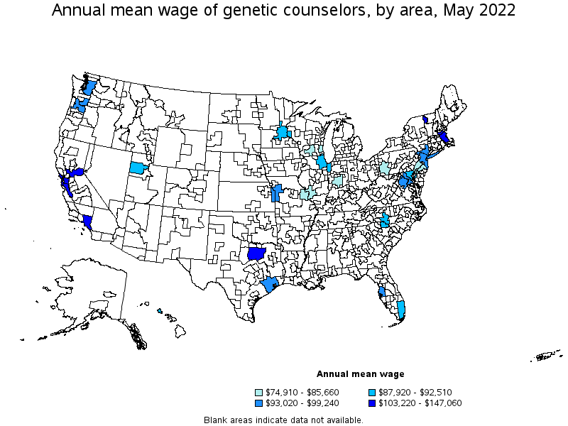 Map of annual mean wages of genetic counselors by area, May 2022