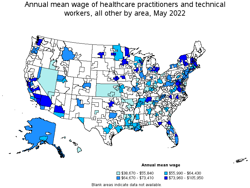 Map of annual mean wages of healthcare practitioners and technical workers, all other by area, May 2022