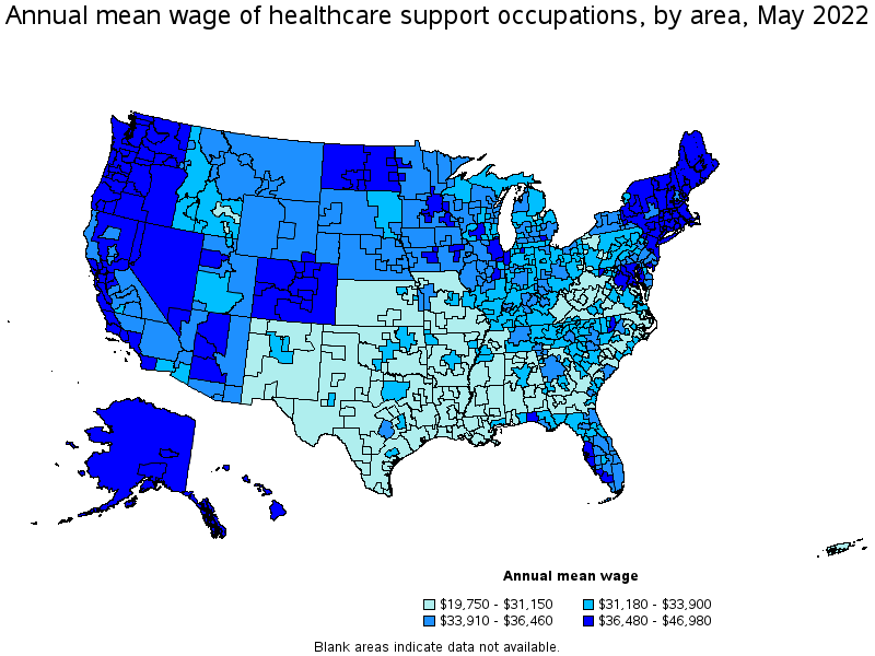 Map of annual mean wages of healthcare support occupations by area, May 2022