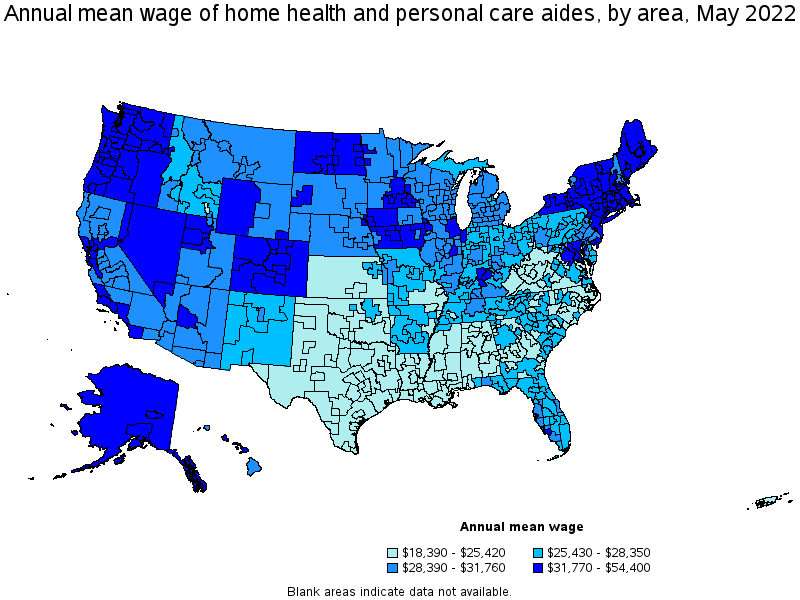 Map of annual mean wages of home health and personal care aides by area, May 2022
