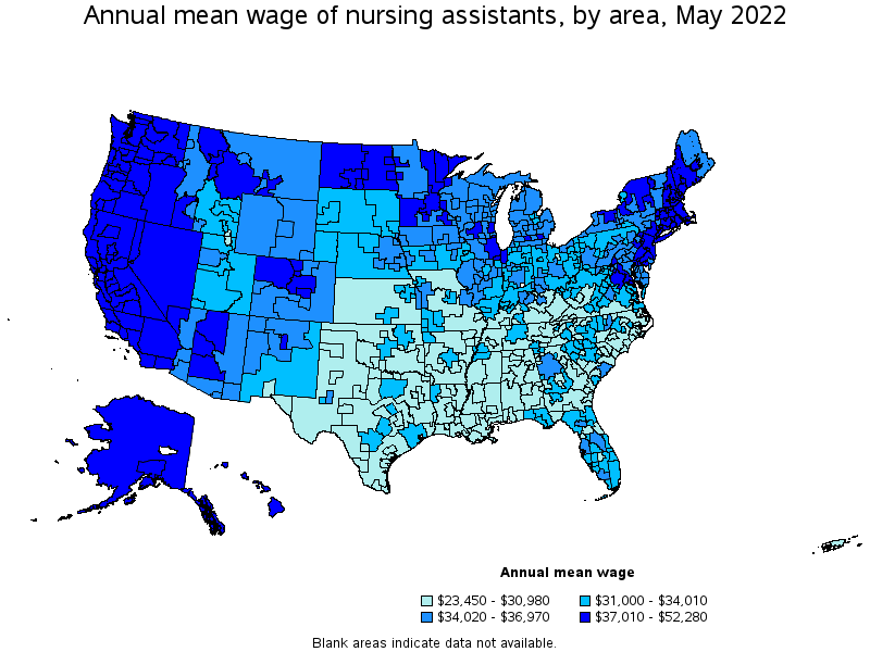 Map of annual mean wages of nursing assistants by area, May 2022
