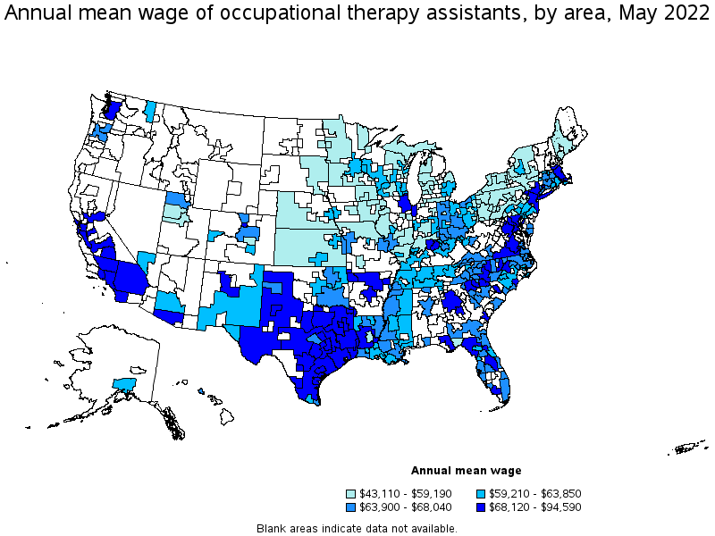 Map of annual mean wages of occupational therapy assistants by area, May 2022