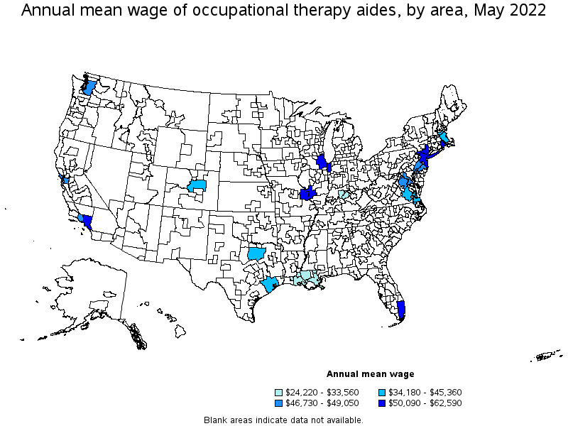 Map of annual mean wages of occupational therapy aides by area, May 2022