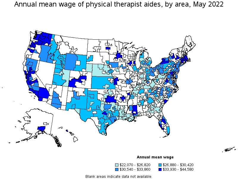 Map of annual mean wages of physical therapist aides by area, May 2022