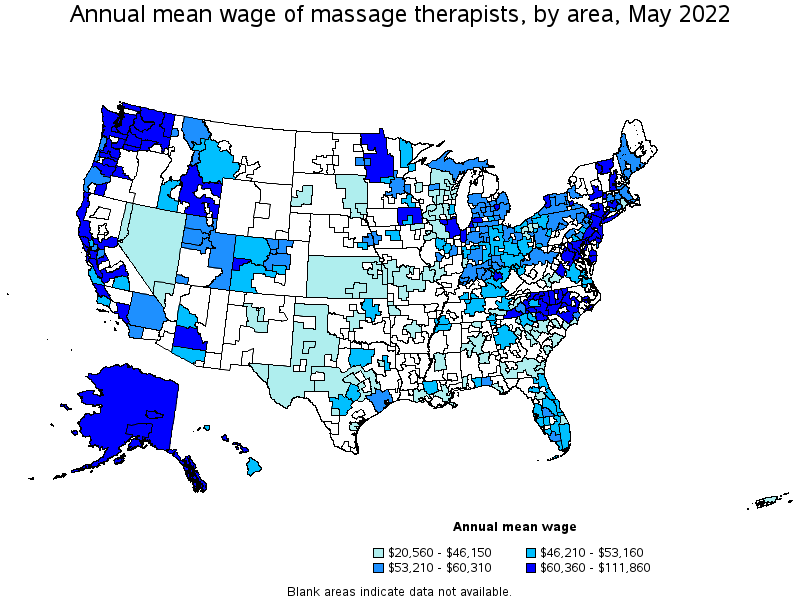 Map of annual mean wages of massage therapists by area, May 2022