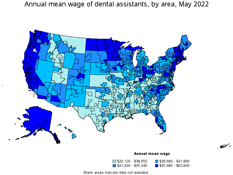 Map of annual mean wages of dental assistants by area, May 2022